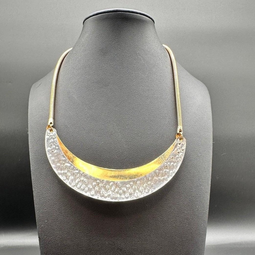 Vintage 18KT Gold Plated Hammered Silver Tone Crescent Bib Necklace 16"